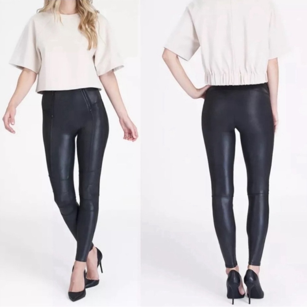 SPANX Faux Leather Leggings Black 20249R Hip Zip Size XL
